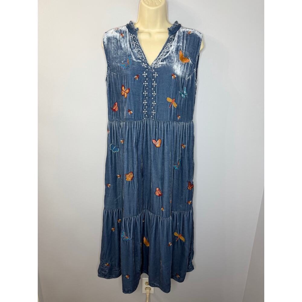 Johnny Was Monarca Silk Velvet Ruffle Nect Dress Blue Women's S Blue